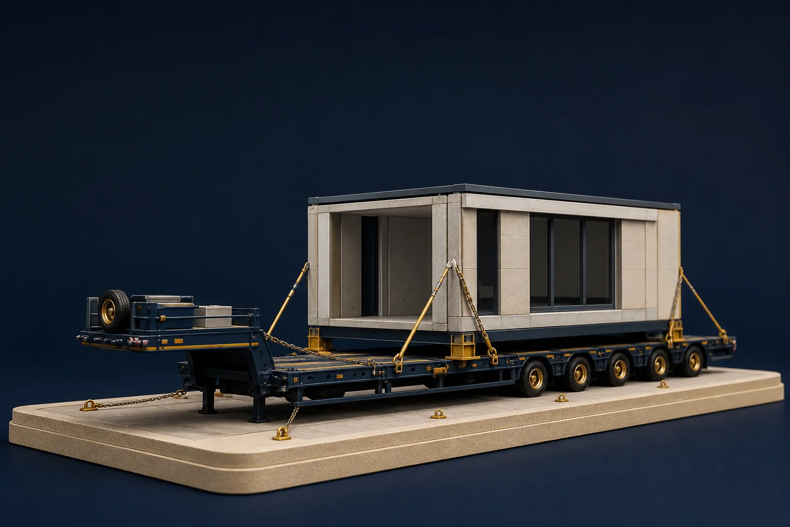 Prefabrik yapı taşımacılığı için kavramsal lowbed taşıma görseli